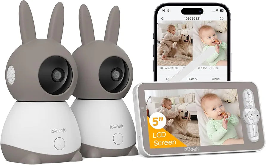 ieGeek Babyphone mit 2 Kamera [2K/3MP, 5 Zoll] WLAN Video Babyfon PTZ 355°, IR-Nachtsicht, Automatische Verfolgung, Weinen/Bewegungs/Geräuscherkennung, unterstützt Mobile App Steuerung