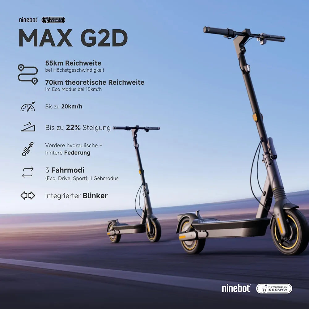Segway-Ninebot MAX G2 D, E Scooter mit Straßenzulassung für Erwachsene, max. 20 km/h Geschwindigkeit, 70 km Reichweite, Lange Reichweite