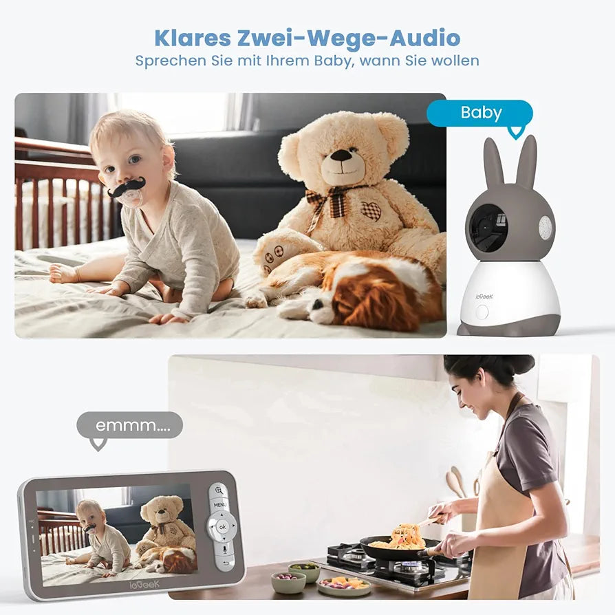 ieGeek Babyphone mit 2 Kamera [2K/3MP, 5 Zoll] WLAN Video Babyfon PTZ 355°, IR-Nachtsicht, Automatische Verfolgung, Weinen/Bewegungs/Geräuscherkennung, unterstützt Mobile App Steuerung