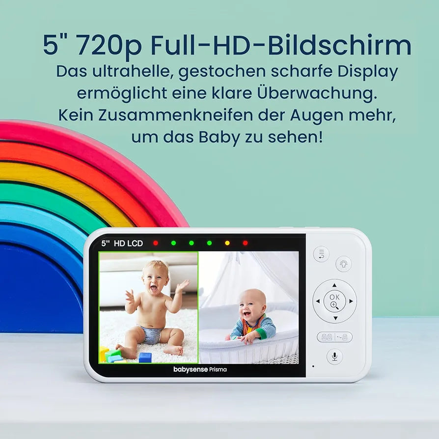 Babysense Babyphone mit Kamera, 5 Zoll 720P HD, Ohne WLAN, 6-Farben Nachtlicht, Wiegenlieder, 300m Reichweite, Zwei-Wege-Audio, ECO Modus, 4X Zoom, 4000mAh Akku