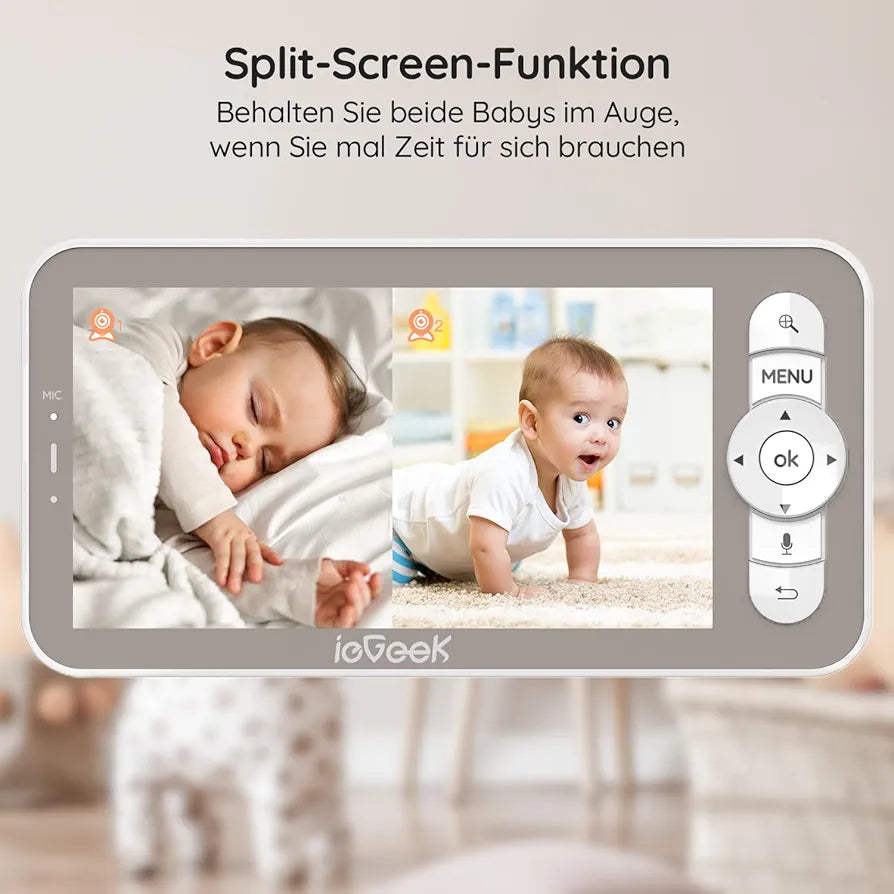 ieGeek Babyphone mit 2 Kamera [2K/3MP, 5 Zoll] WLAN Video Babyfon PTZ 355°, IR-Nachtsicht, Automatische Verfolgung, Weinen/Bewegungs/Geräuscherkennung, unterstützt Mobile App Steuerung