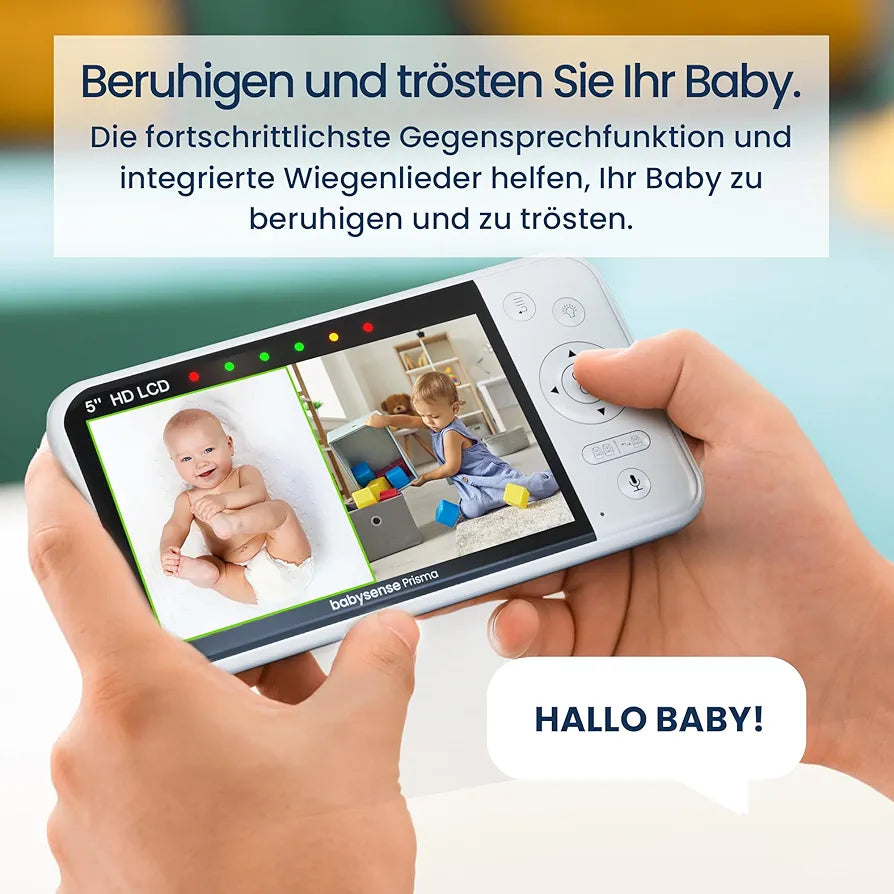 Babysense Babyphone mit Kamera, 5 Zoll 720P HD, Ohne WLAN, 6-Farben Nachtlicht, Wiegenlieder, 300m Reichweite, Zwei-Wege-Audio, ECO Modus, 4X Zoom, 4000mAh Akku