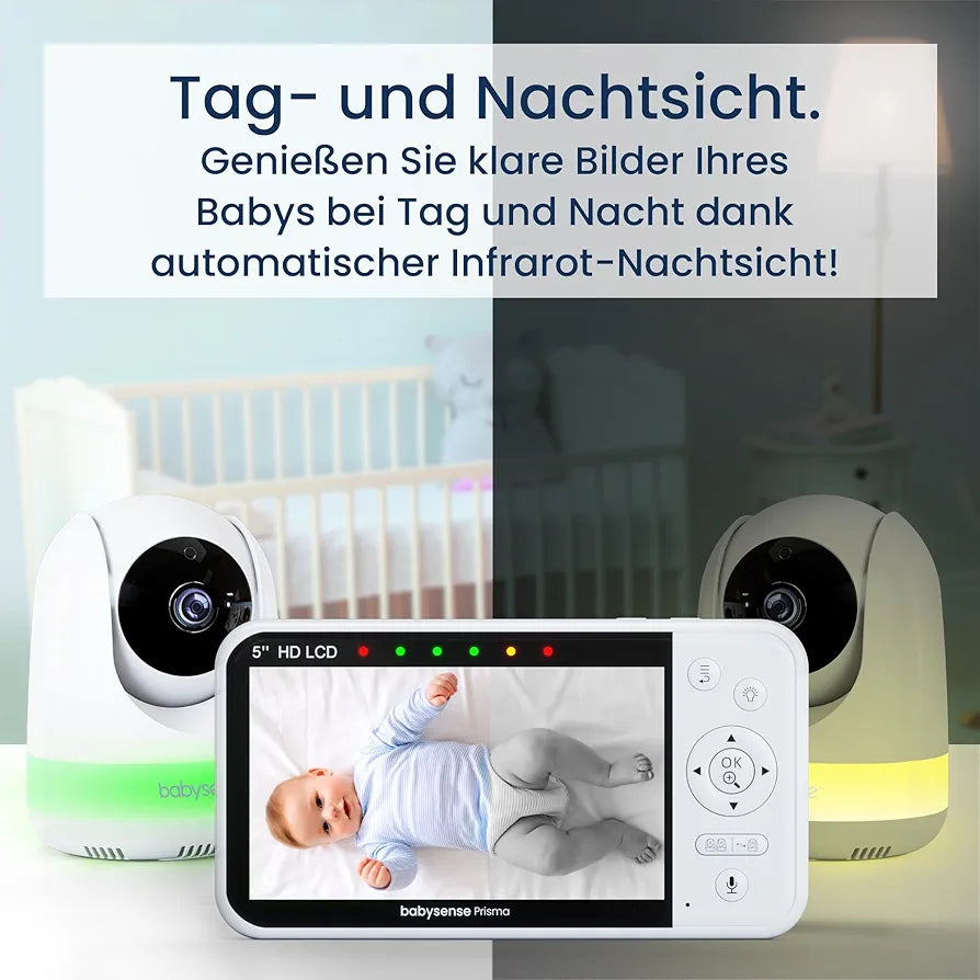 Babysense Babyphone mit Kamera, 5 Zoll 720P HD, Ohne WLAN, 6-Farben Nachtlicht, Wiegenlieder, 300m Reichweite, Zwei-Wege-Audio, ECO Modus, 4X Zoom, 4000mAh Akku