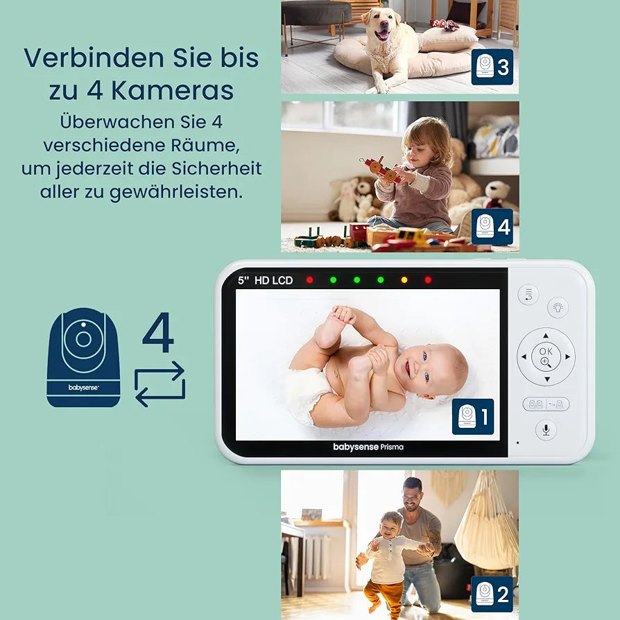 Babysense Babyphone mit Kamera, 5 Zoll 720P HD, Ohne WLAN, 6-Farben Nachtlicht, Wiegenlieder, 300m Reichweite, Zwei-Wege-Audio, ECO Modus, 4X Zoom, 4000mAh Akku