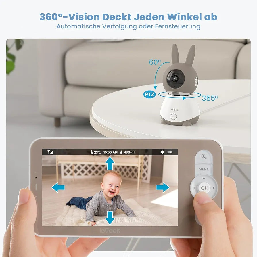 ieGeek Babyphone mit 2 Kamera [2K/3MP, 5 Zoll] WLAN Video Babyfon PTZ 355°, IR-Nachtsicht, Automatische Verfolgung, Weinen/Bewegungs/Geräuscherkennung, unterstützt Mobile App Steuerung