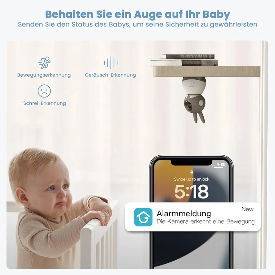 ieGeek Babyphone mit 2 Kamera [2K/3MP, 5 Zoll] WLAN Video Babyfon PTZ 355°, IR-Nachtsicht, Automatische Verfolgung, Weinen/Bewegungs/Geräuscherkennung, unterstützt Mobile App Steuerung
