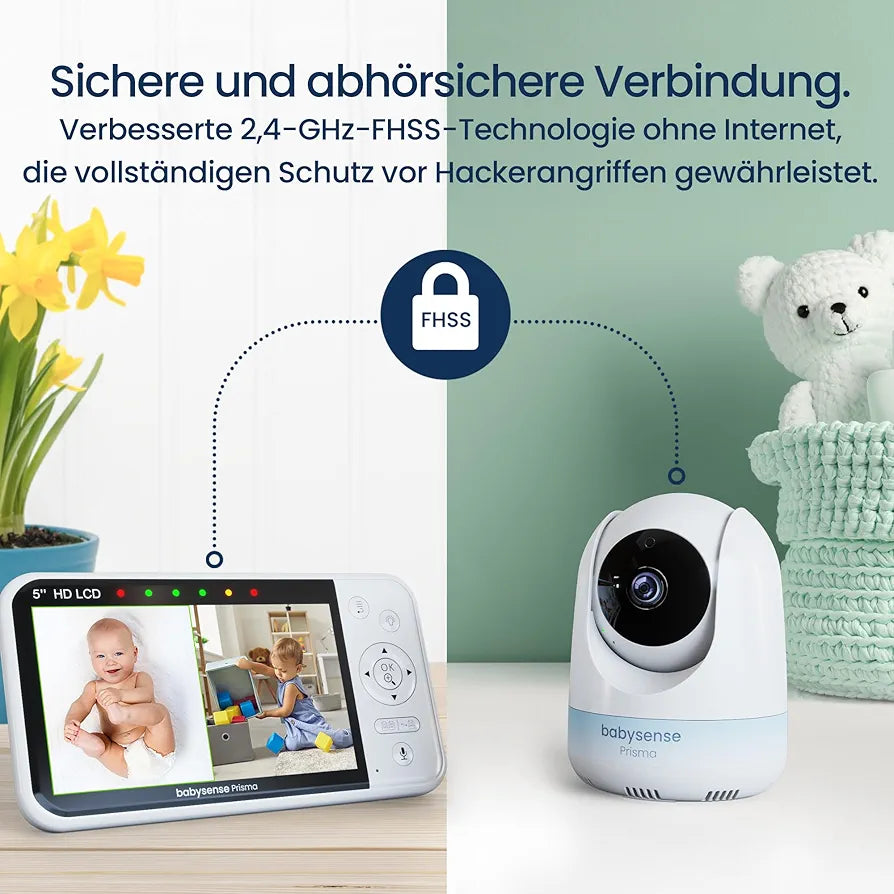Babysense Babyphone mit Kamera, 5 Zoll 720P HD, Ohne WLAN, 6-Farben Nachtlicht, Wiegenlieder, 300m Reichweite, Zwei-Wege-Audio, ECO Modus, 4X Zoom, 4000mAh Akku